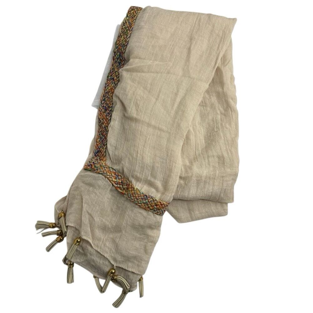 Boho Oversized Ivory Scarf Wrap Multicolor Braided Trim Tassels - Picture 5 of 9